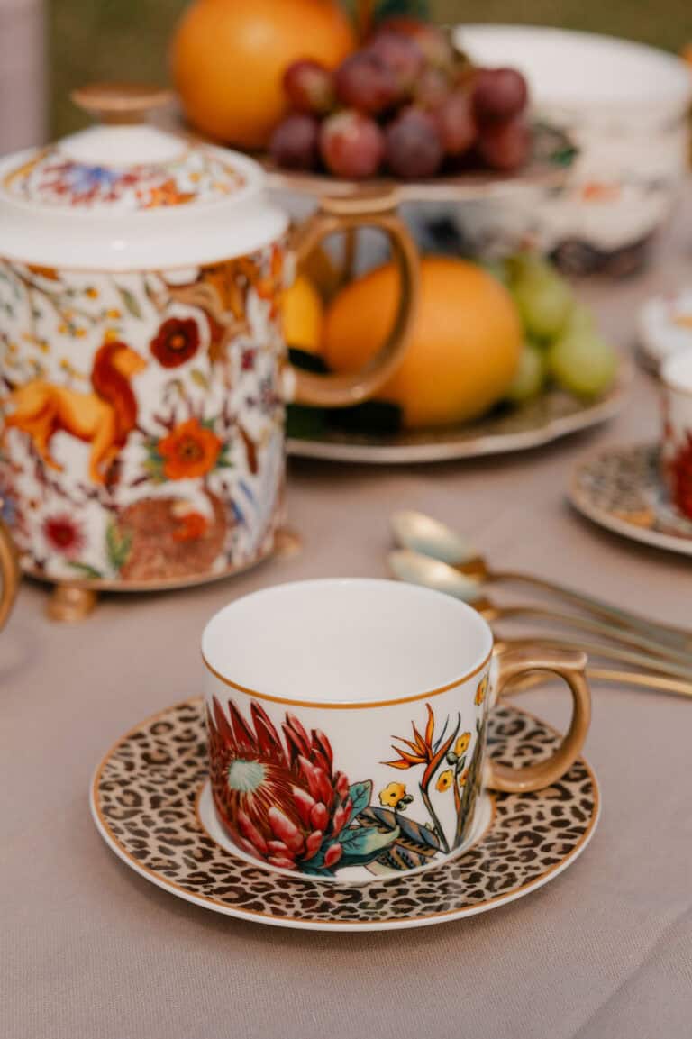 Jenna Clifford Wild Bloom cup, saucer and teapot on a set table